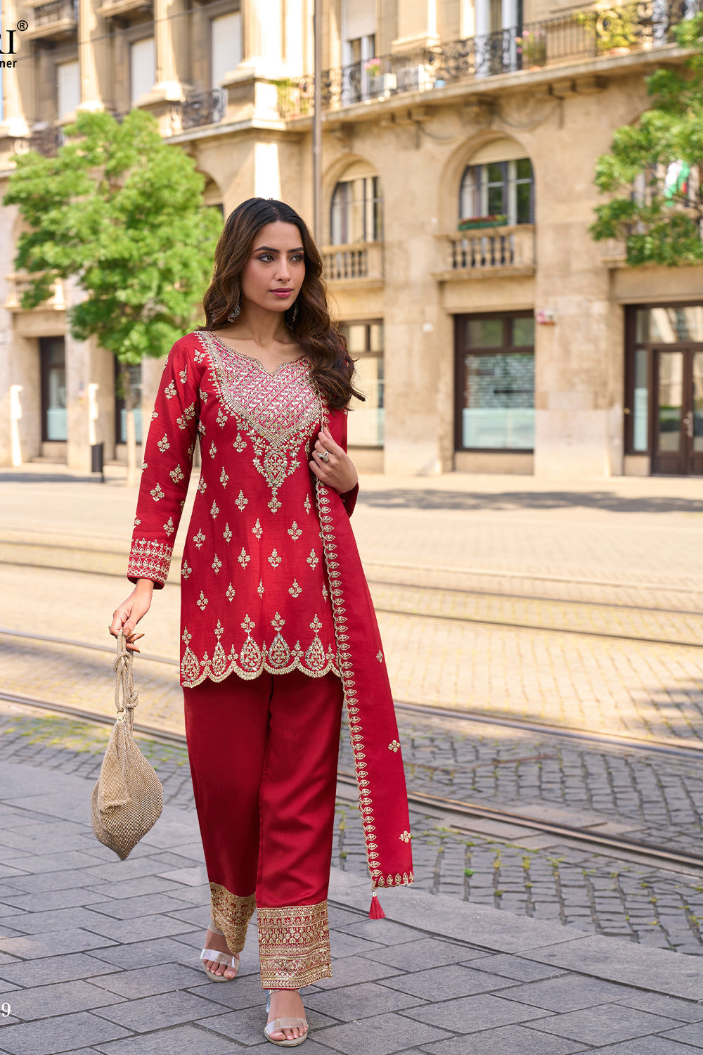 Crimson Red Silk Suit with Golden Zari Embroidery with Designer Pant & Dupatta