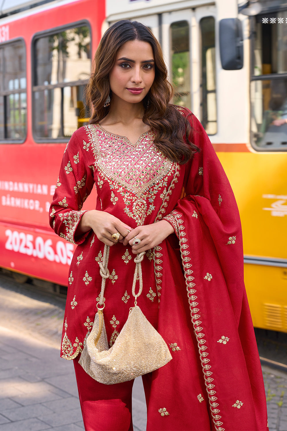 Crimson Red Silk Suit with Golden Zari Embroidery with Designer Pant & Dupatta