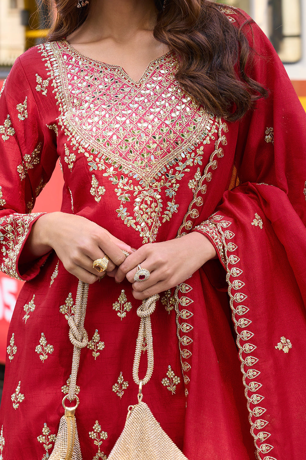 Crimson Red Silk Suit with Golden Zari Embroidery with Designer Pant & Dupatta