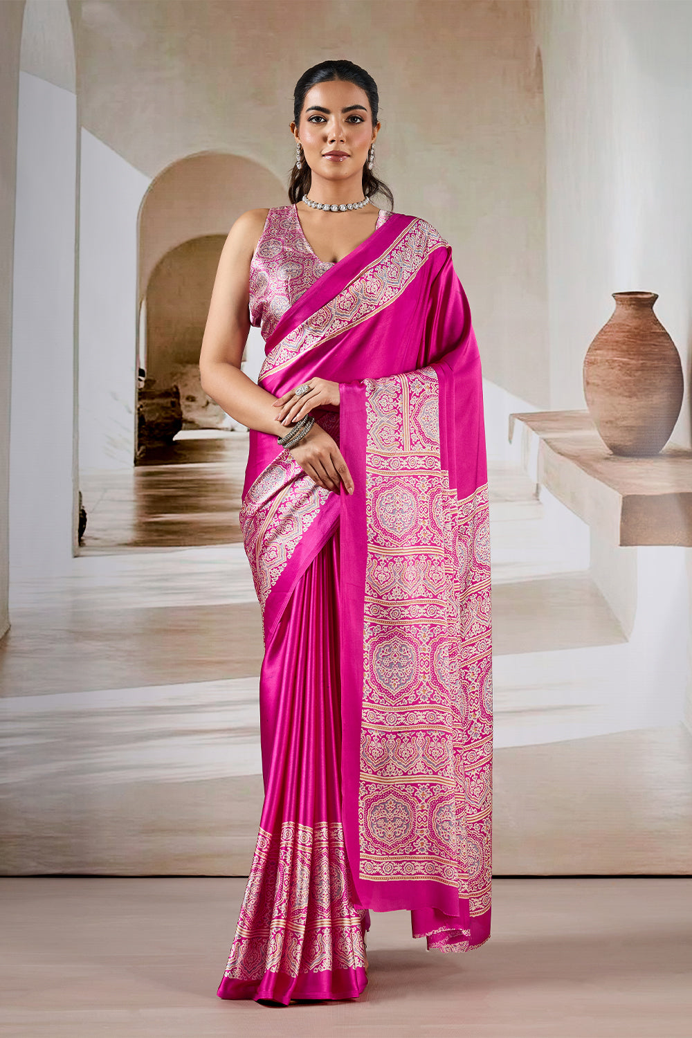 Fushcia Pink Satin Modal Silk Saree with Ajrakh Print
