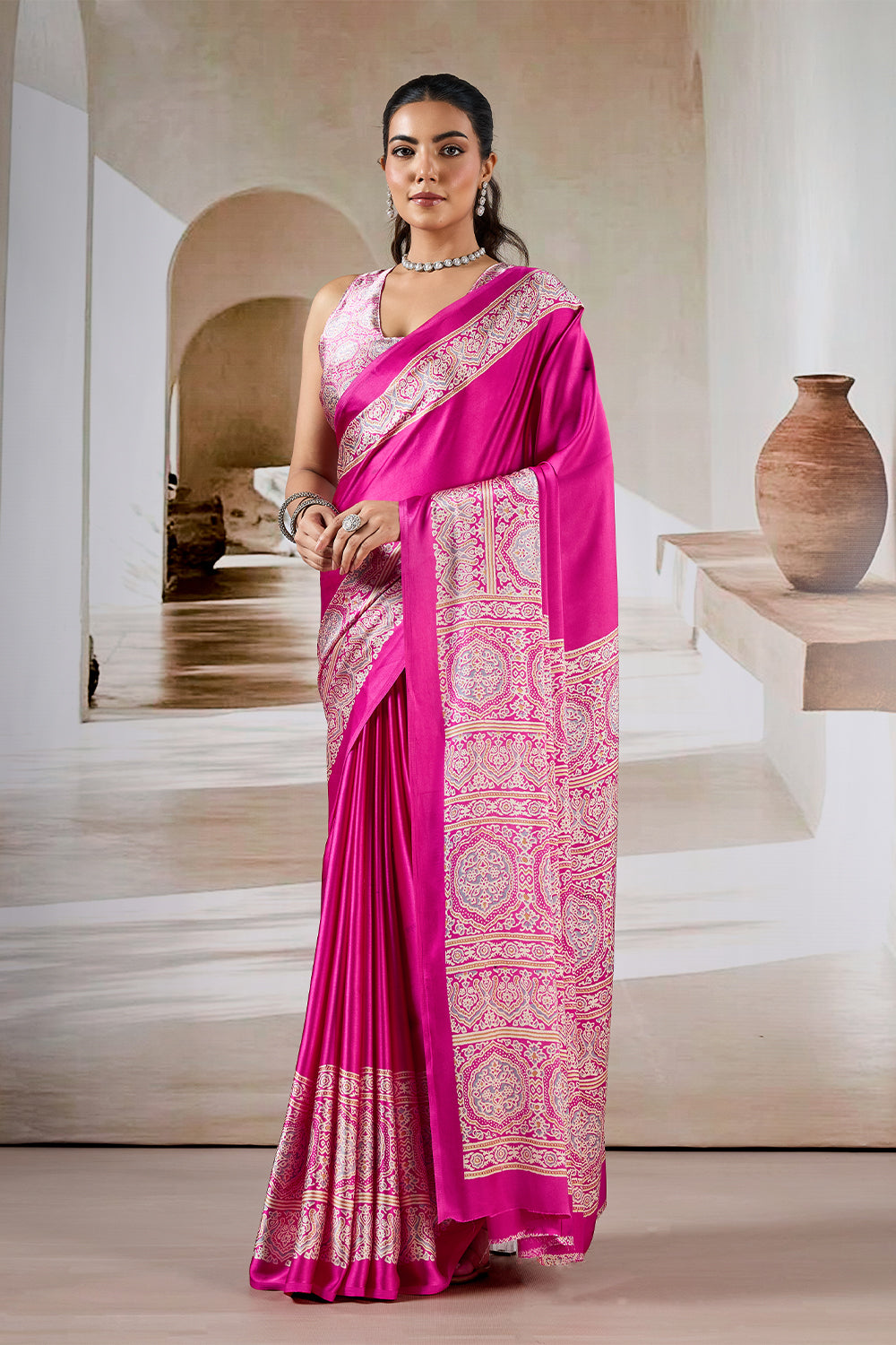 Fushcia Pink Satin Modal Silk Saree with Ajrakh Print