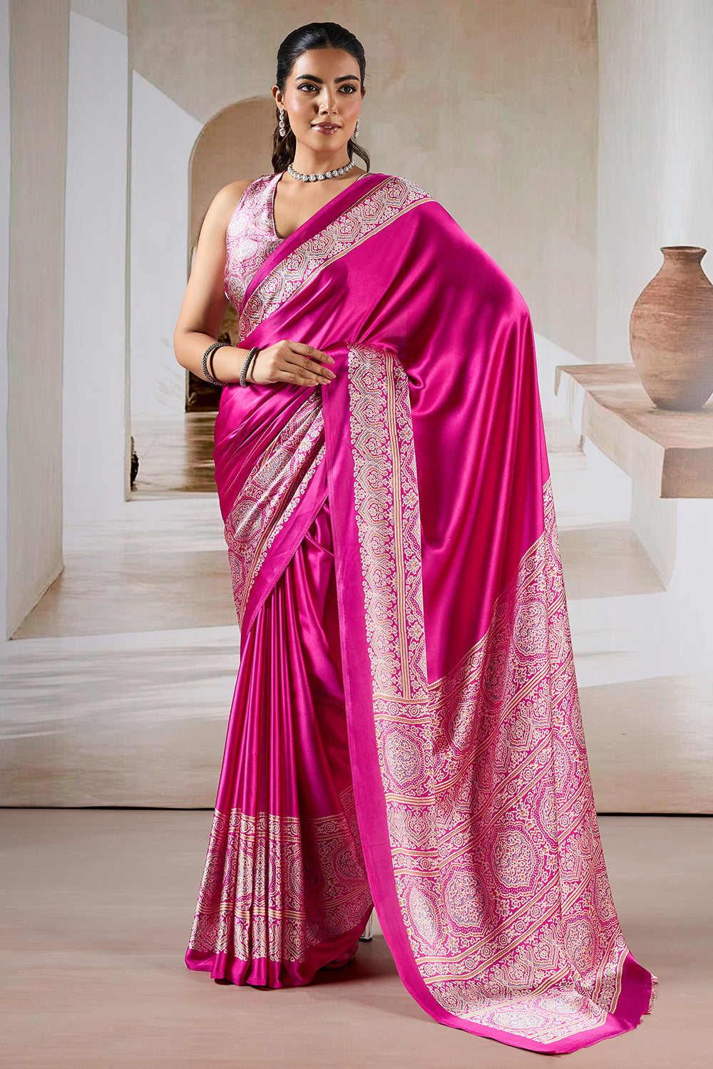 Fushcia Pink Satin Modal Silk Saree with Ajrakh Print