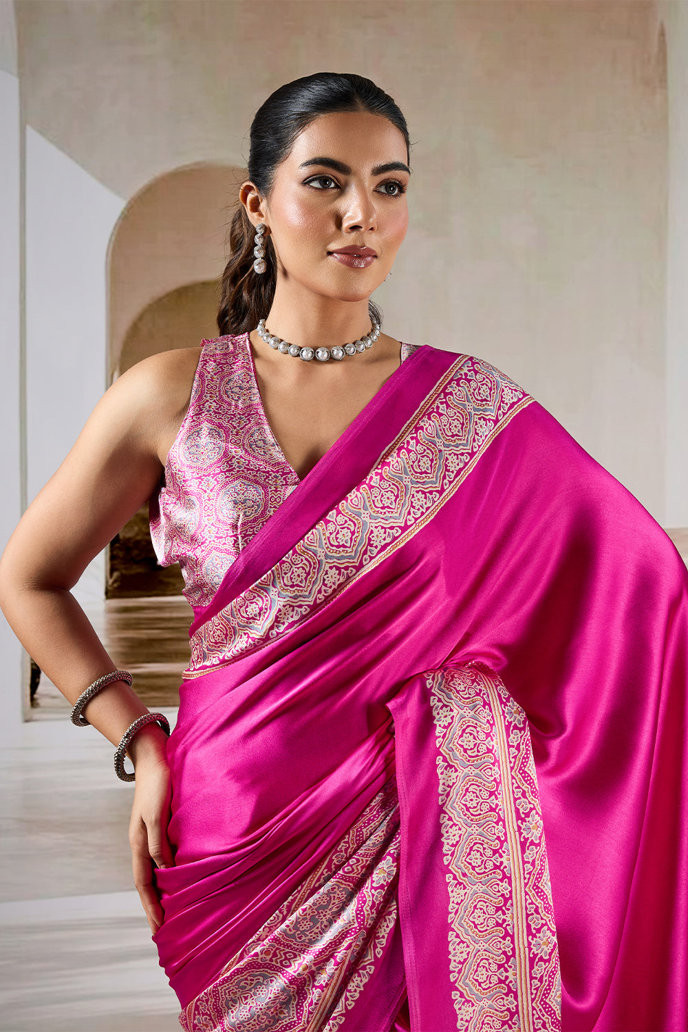 Fushcia Pink Satin Modal Silk Saree with Ajrakh Print
