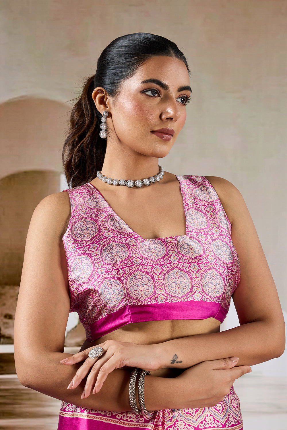 Fushcia Pink Satin Modal Silk Saree with Ajrakh Print