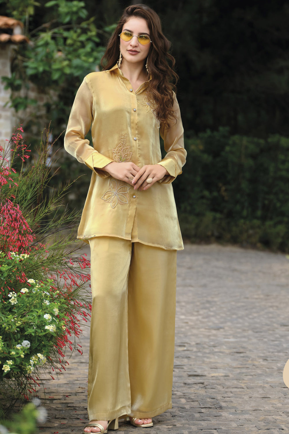 Light Yellow Handwork Viscose Silk Cord-Set Suit with Pant with Pocket