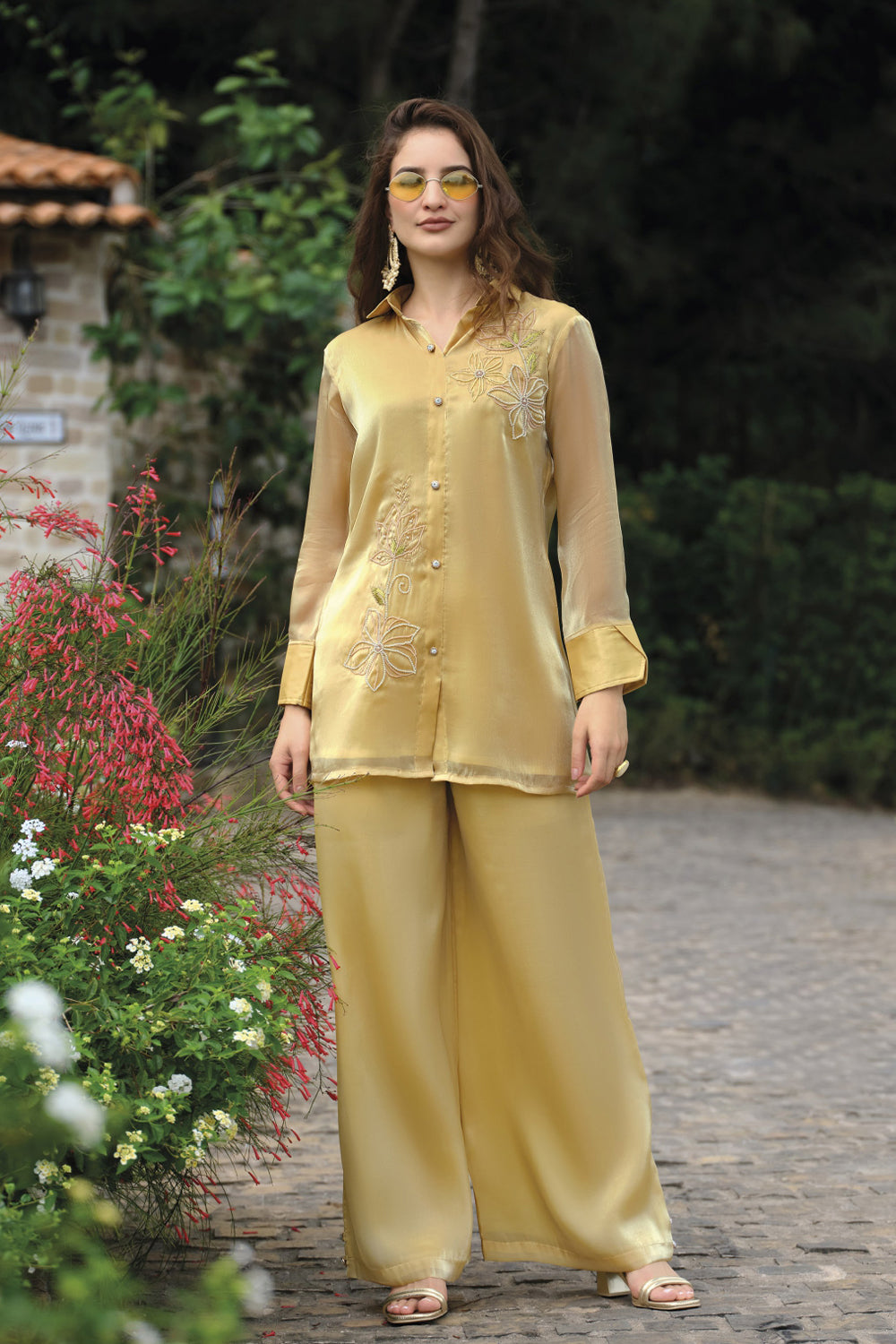 Light Yellow Handwork Viscose Silk Cord-Set Suit with Pant with Pocket