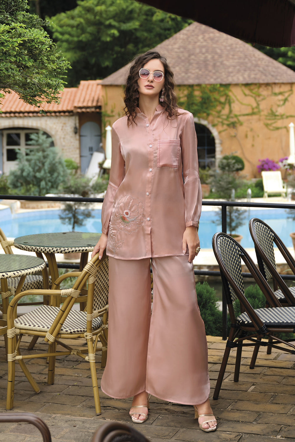 Rose Pink Handwork Viscose Silk Cord-Set Suit with Pant with Pocket