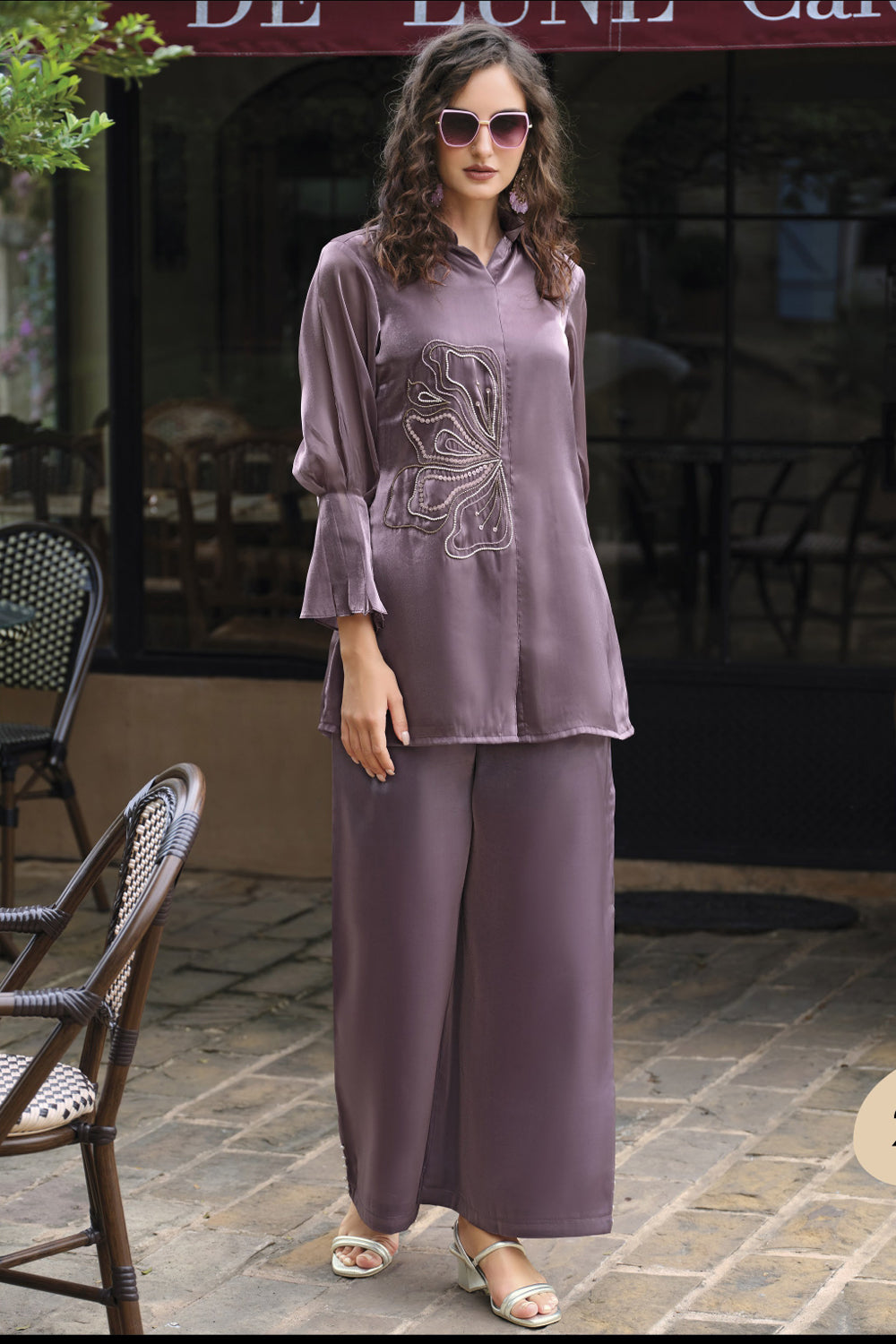 Purple Pure Handwork Viscose Silk Cord-Set Suit with Pant with Pocket