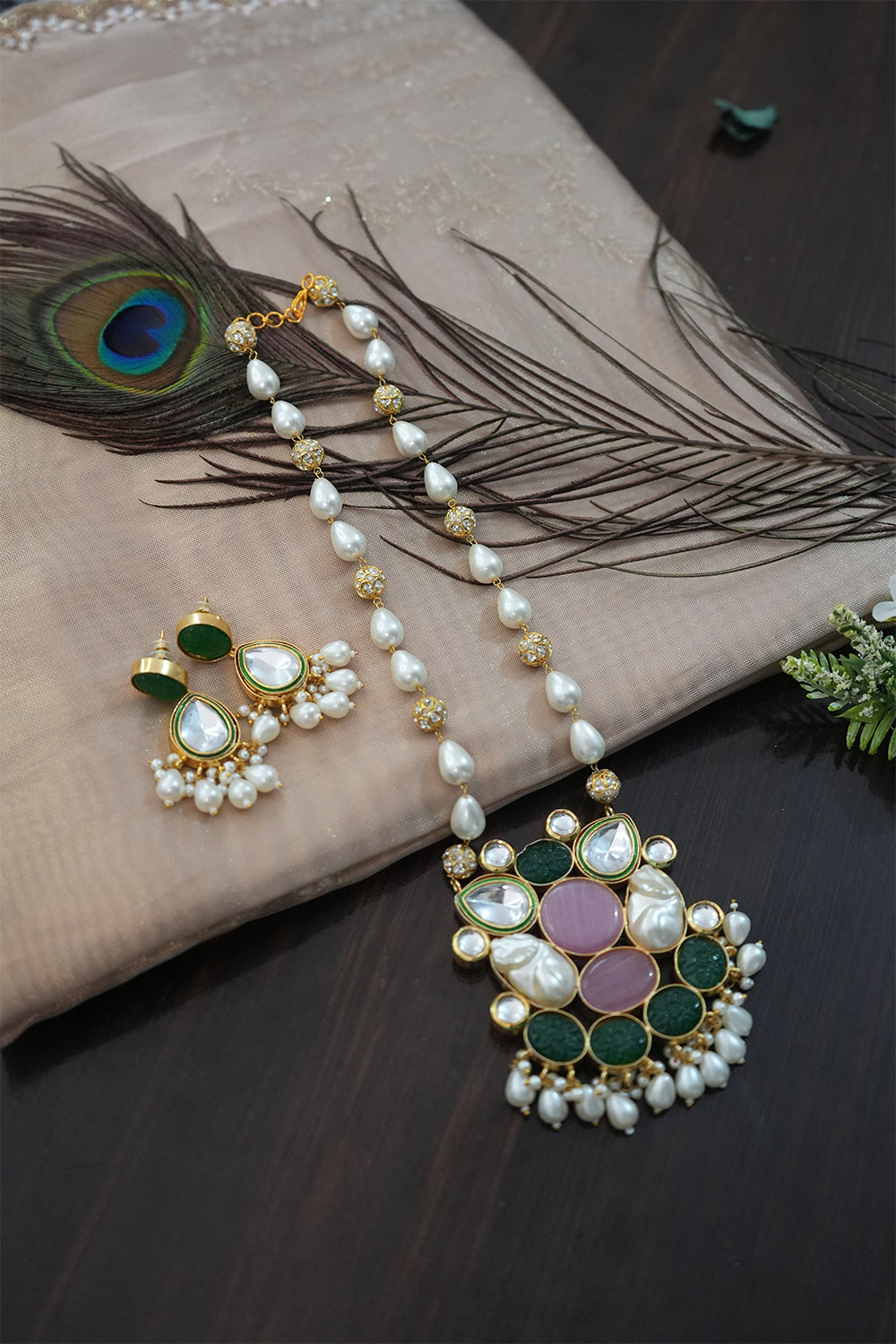 Elegant Long Pearl & Mother of Pearl Pink Stones Kundan Necklace Jewellery