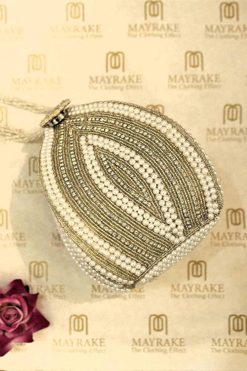 White Pearl Potli with Swarovski Frame & Pearl Handle