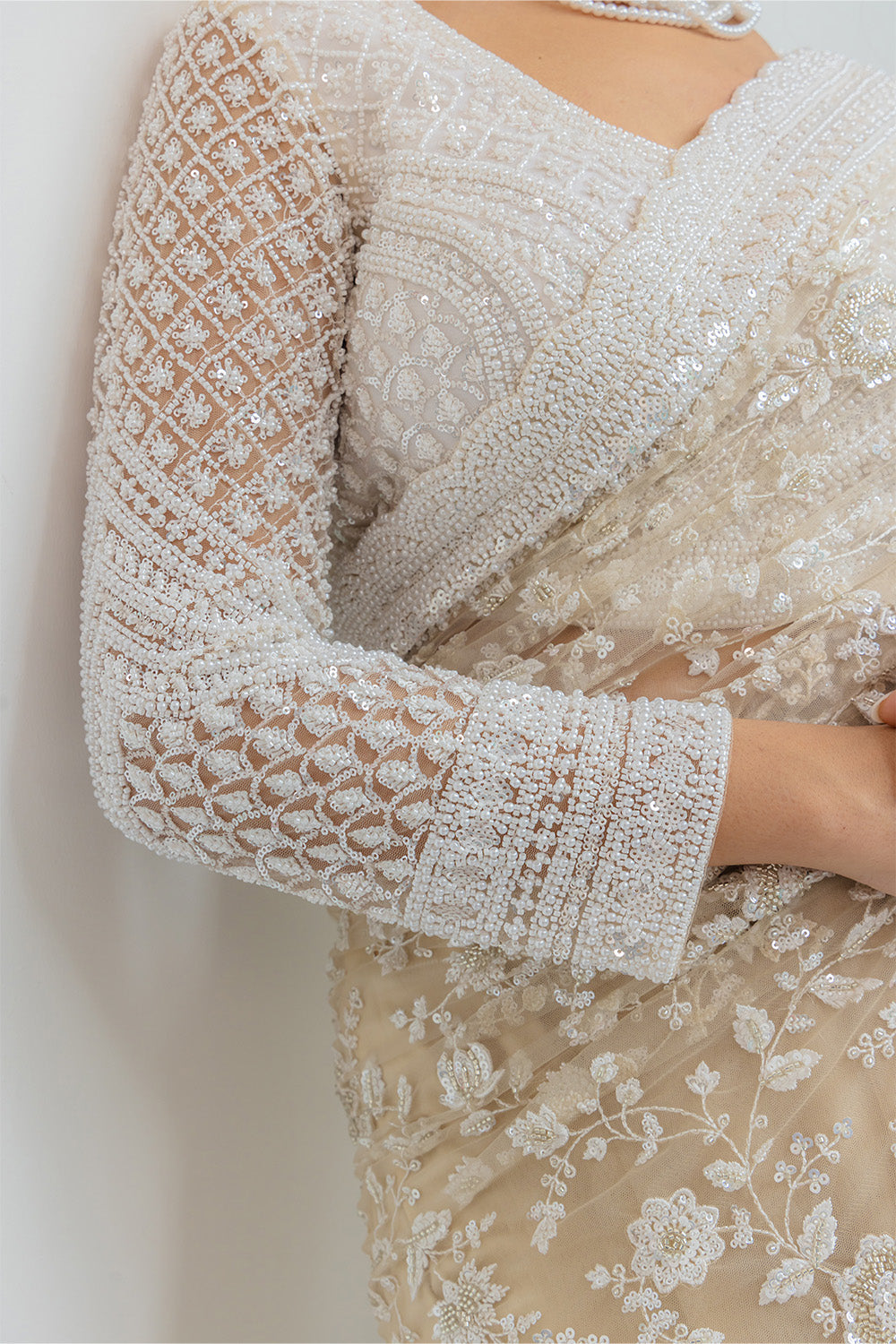 Beige-Cream Net Saree with Sequin & Pearl Embroidery