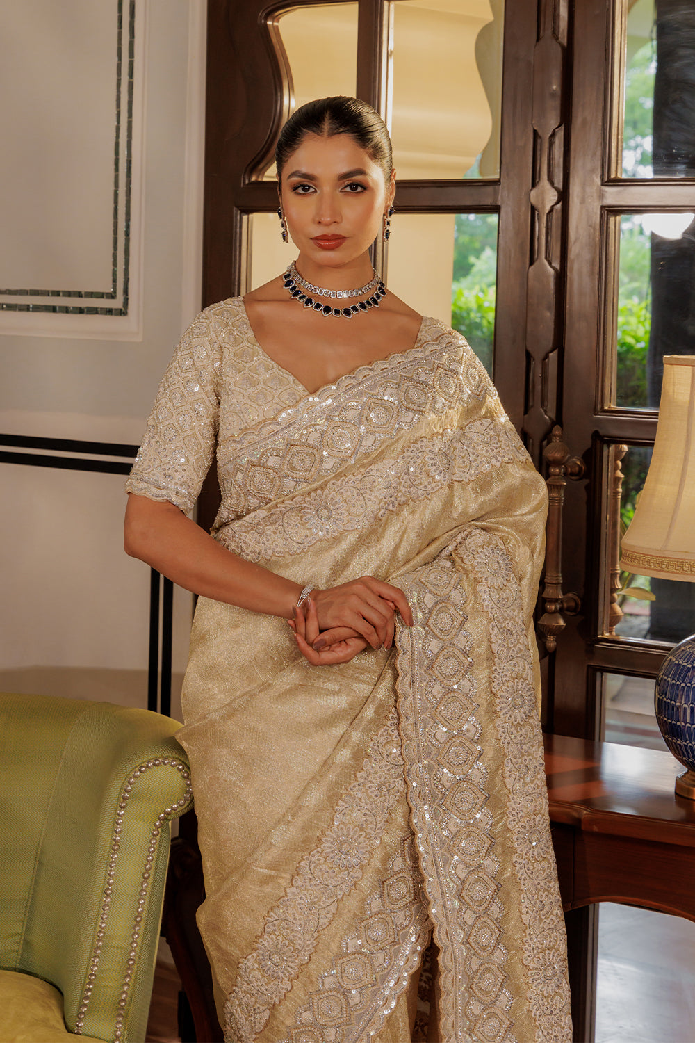 Beige Silver Tissue Zamdani Weave Saree with Sequin,Pearl & Zircon Work