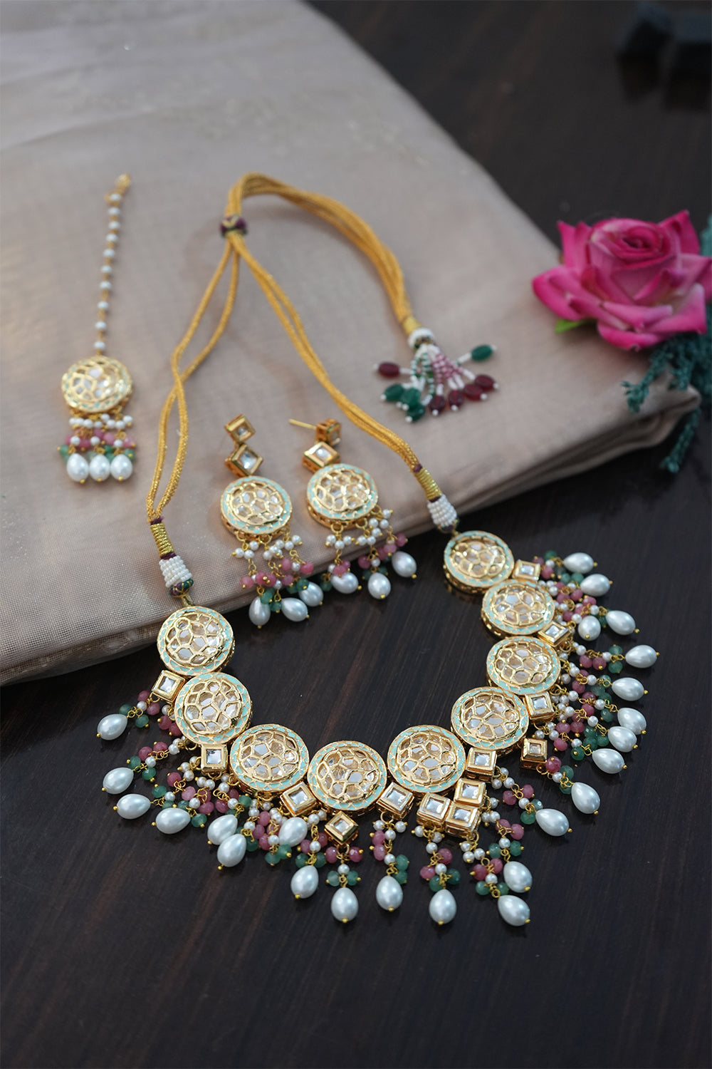 Gold Finish Kundan Necklace Jewellery with Multi-Color Beads and Pearls