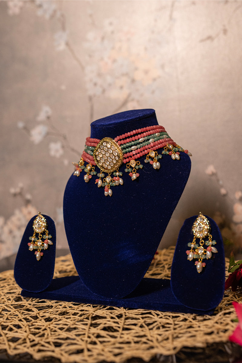 Stunning Gold Finish Stone Kundan Jewellery Choker Featuring Multicolor Beads and Pearls
