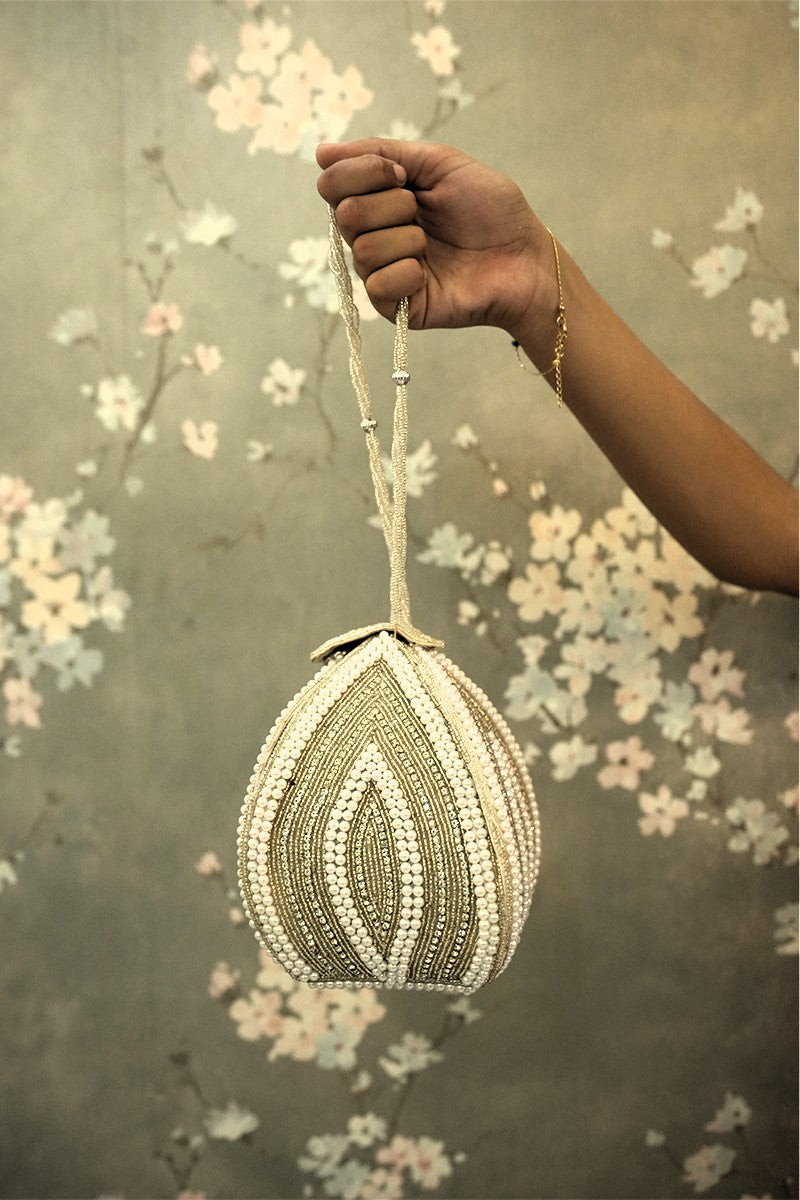 White Pearl Potli with Swarovski Frame & Pearl Handle