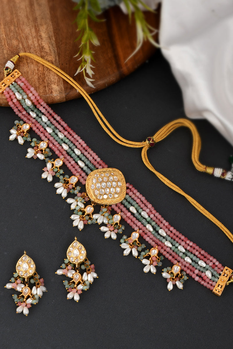 Stunning Gold Finish Stone Kundan Jewellery Choker Featuring Multicolor Beads and Pearls