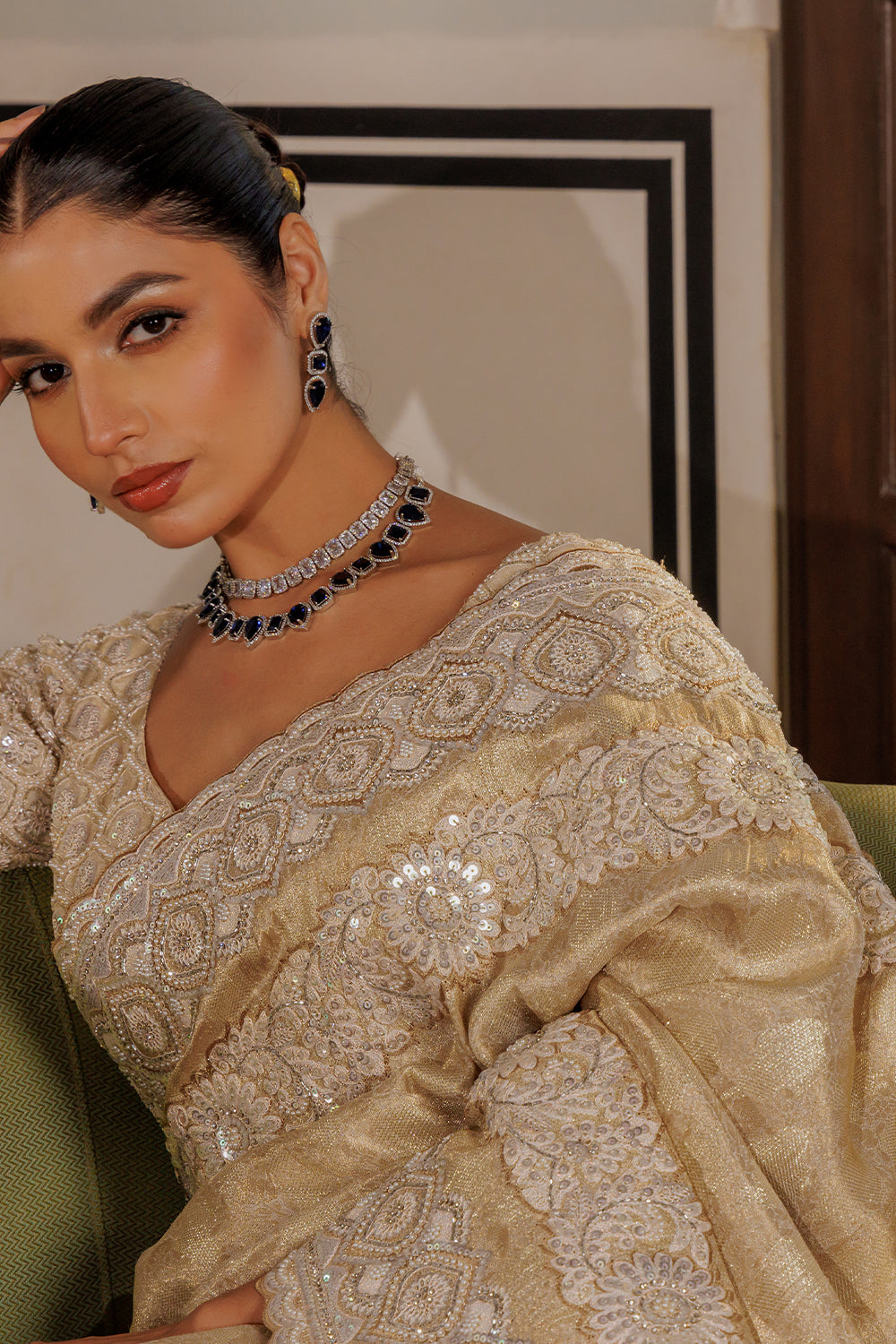 Beige Silver Tissue Zamdani Weave Saree with Sequin,Pearl & Zircon Work