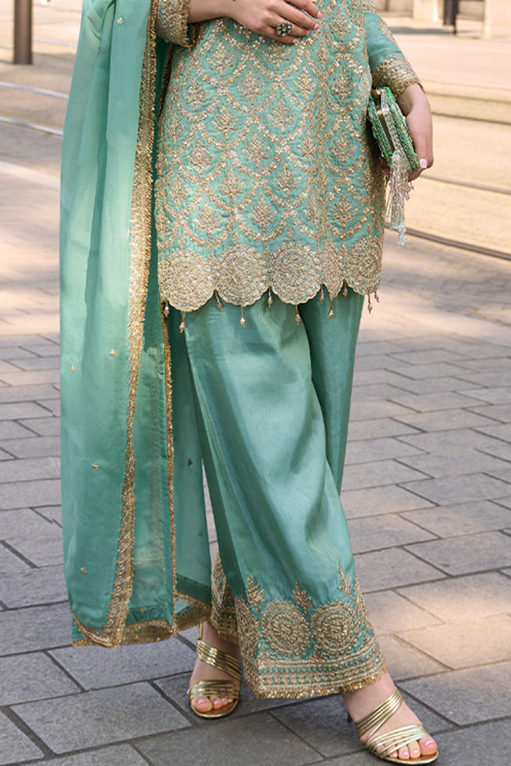 Sea Green Silk Short Kurta Suit with Golden Zari Embroidery with Pant & Heavy Dupatta