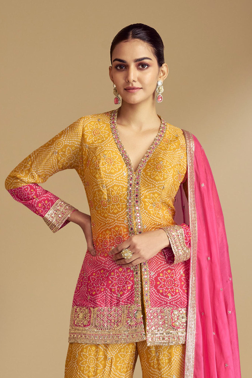 Yellow Pink Bandhani Print Sharara Silk Suit with Zari Work and Matching Dupatta