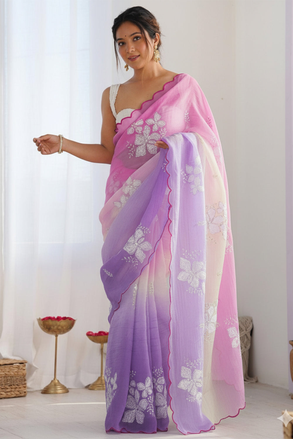 Pink Purple Pastel Shaded Chinon Silk Saree with Sequin Embroidery & Khatli Border
