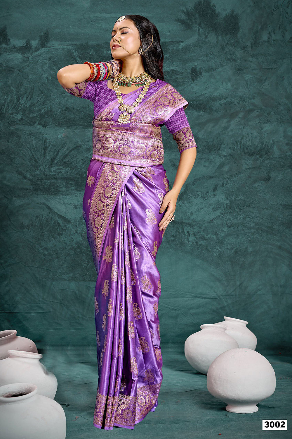 Purple Banarasi Satin Silk Rich Pallu Saree with Silver Zari Weaving Detailing