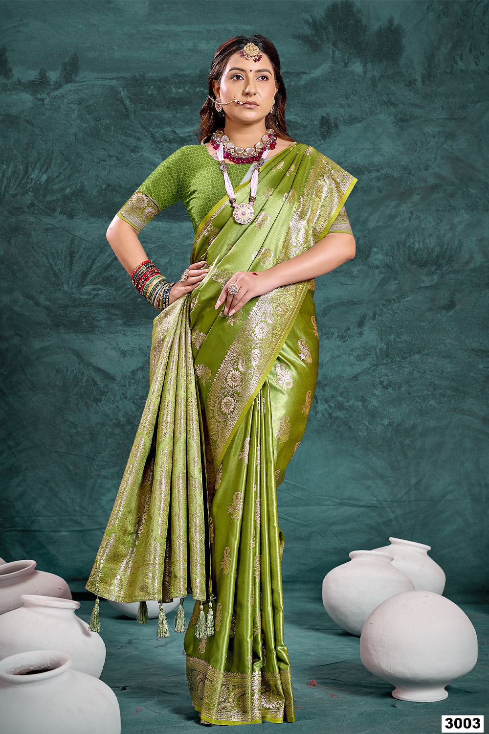 Mehendi Green Banarasi Satin Silk Rich Pallu Saree with Silver Zari Weaving Detailing