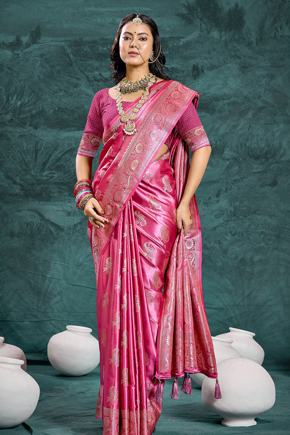 Rani Pink Banarasi Satin Silk Rich Pallu Saree with Silver Zari Weaving Detailing