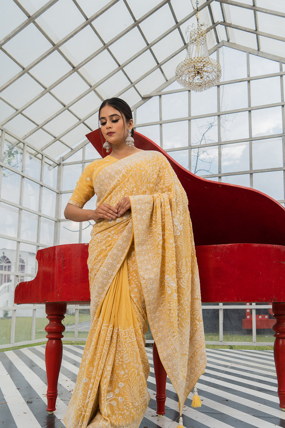 Black Lucknowi Georgette Saree with Beautiful Tassels and Zari Work