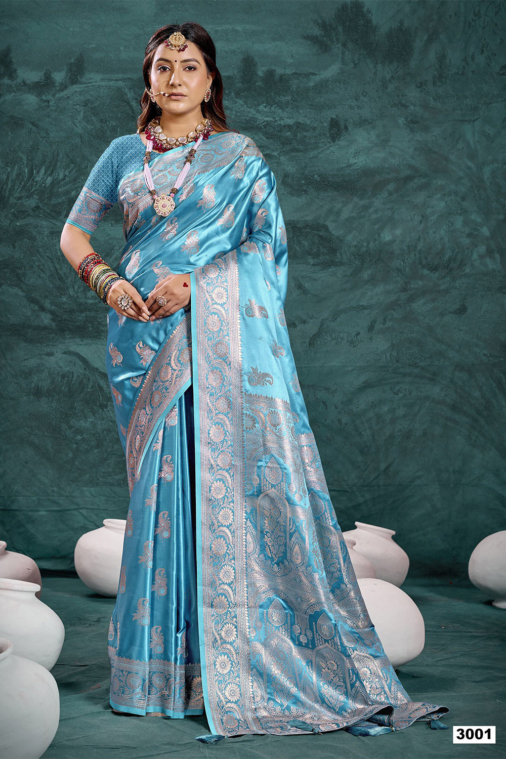 Sky Blue Banarasi Satin Silk Rich Pallu Saree with Silver Zari Weaving Detailing