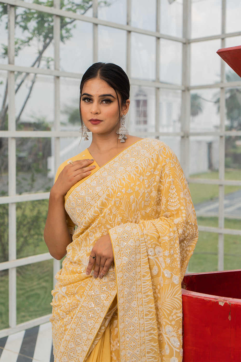 Lavender Purple Lucknowi Georgette Saree with Beautiful Tassels and Zari Work