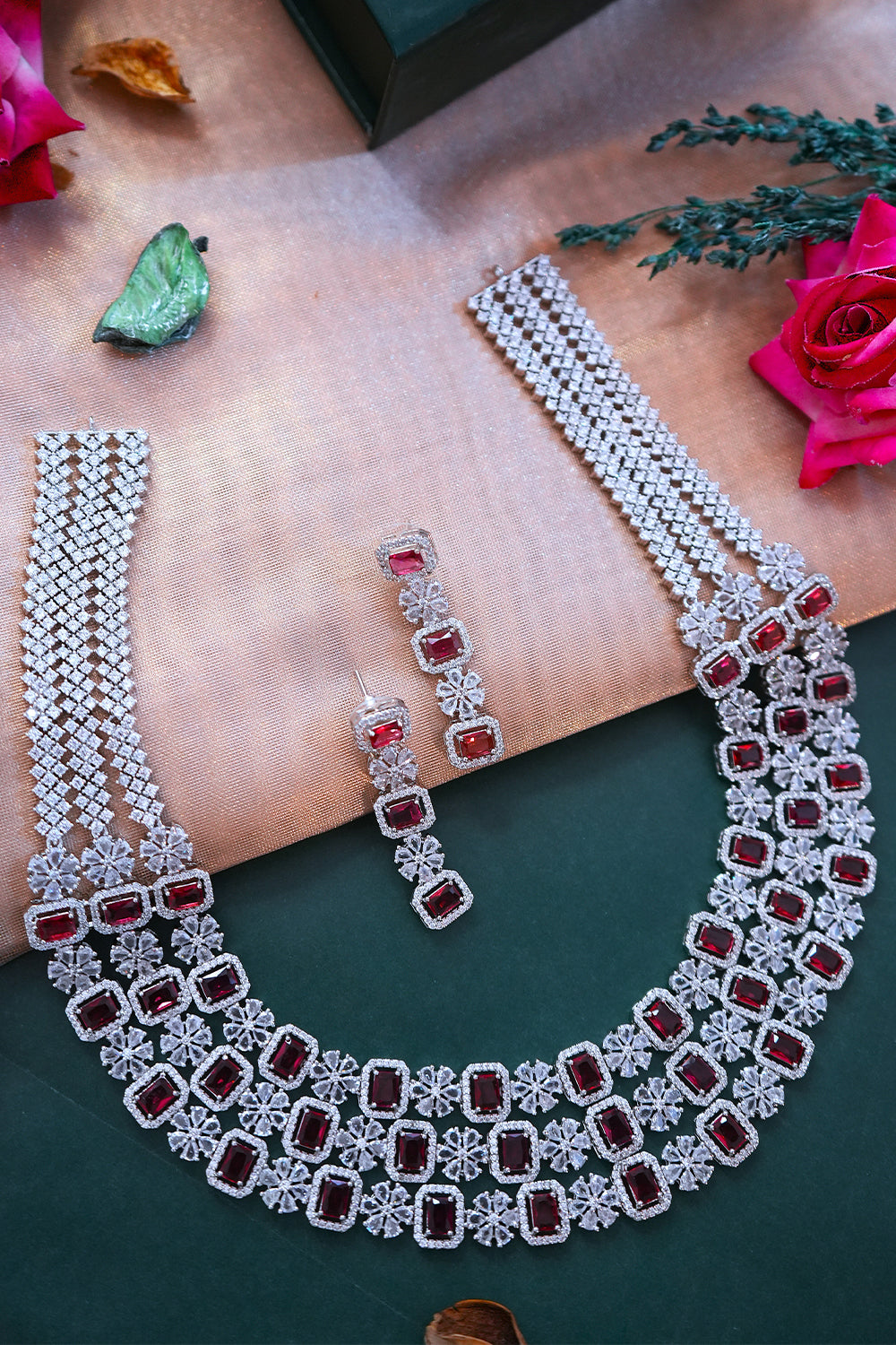 Ruby American Diamond 3-Layer Grand Necklace with Earrings Jewellery Set