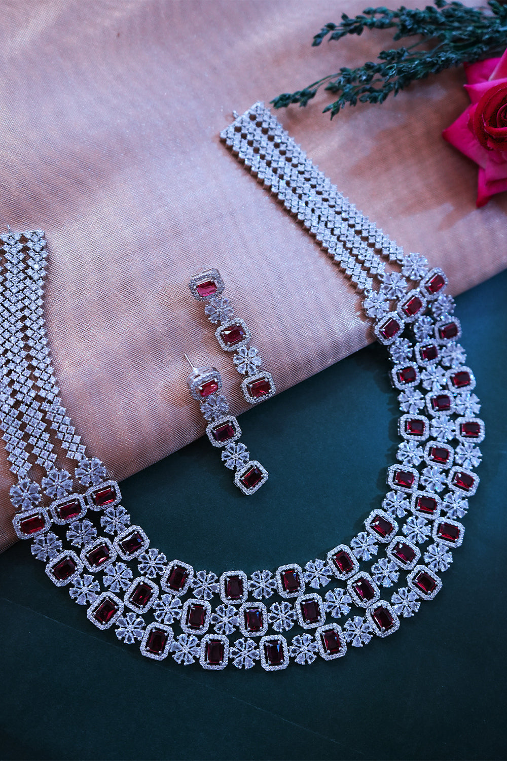 Ruby American Diamond 3-Layer Grand Necklace with Earrings Jewellery Set