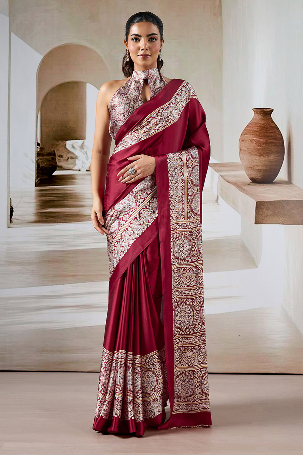 Maroon Pure Satin Modal Silk Saree with Ajrakh Print