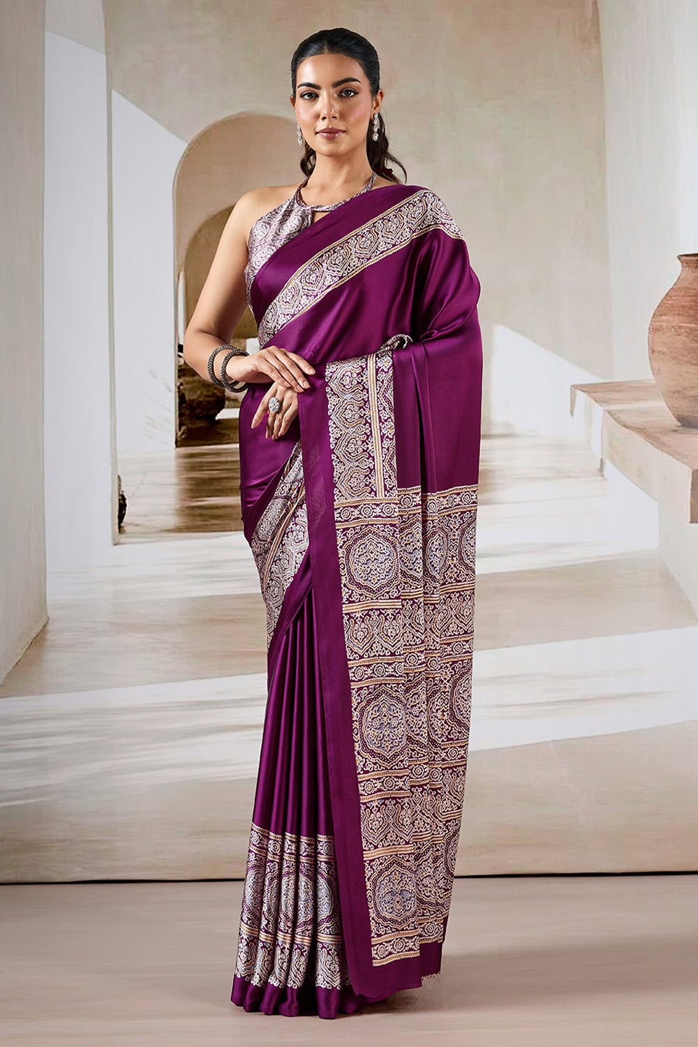 Wine Red Pure Satin Modal Silk Saree with Ajrakh Print