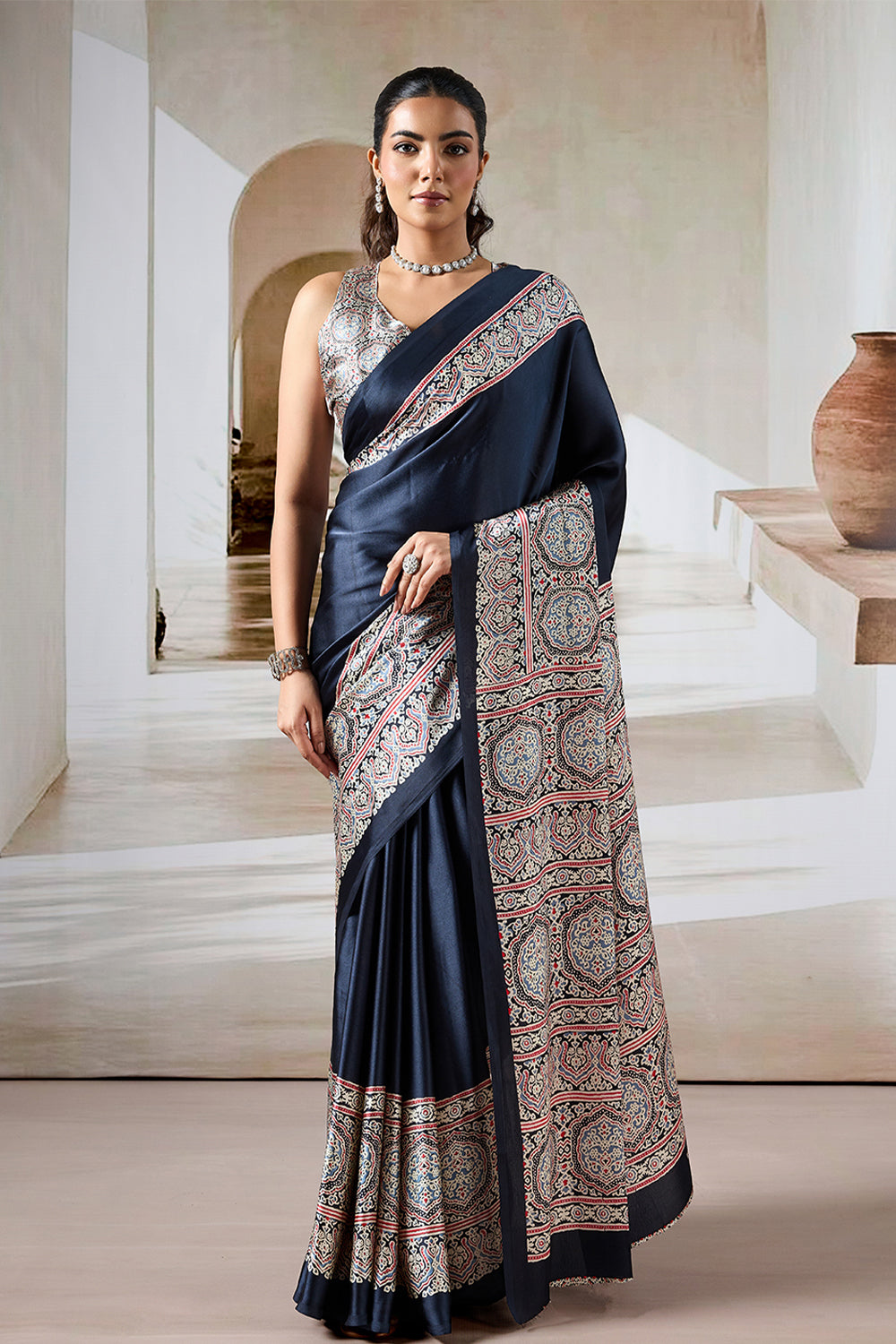 Black Pure Satin Modal Silk Saree with Ajrakh Print