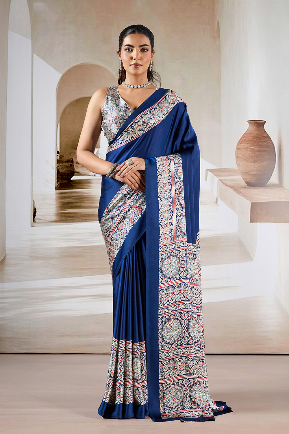 Dark Navy Blue Pure Satin Modal Silk Saree with Ajrakh Print Work