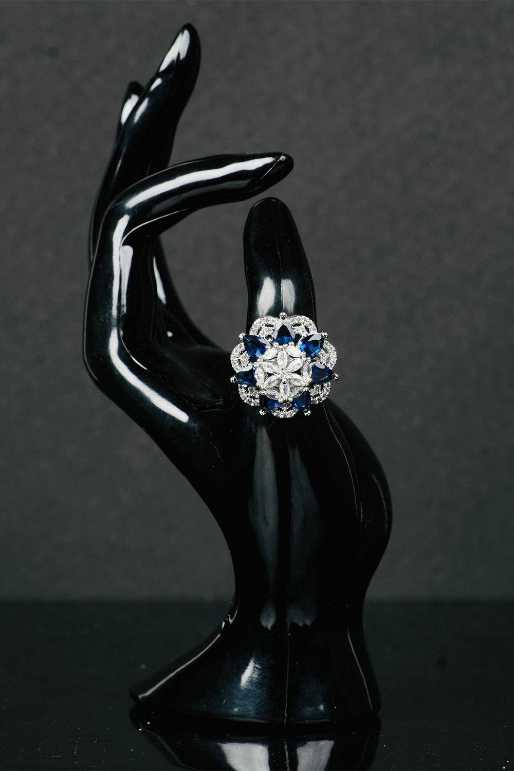 Blue-Colored American Diamond Round Shaped Multiple Stone Jewellery Ring