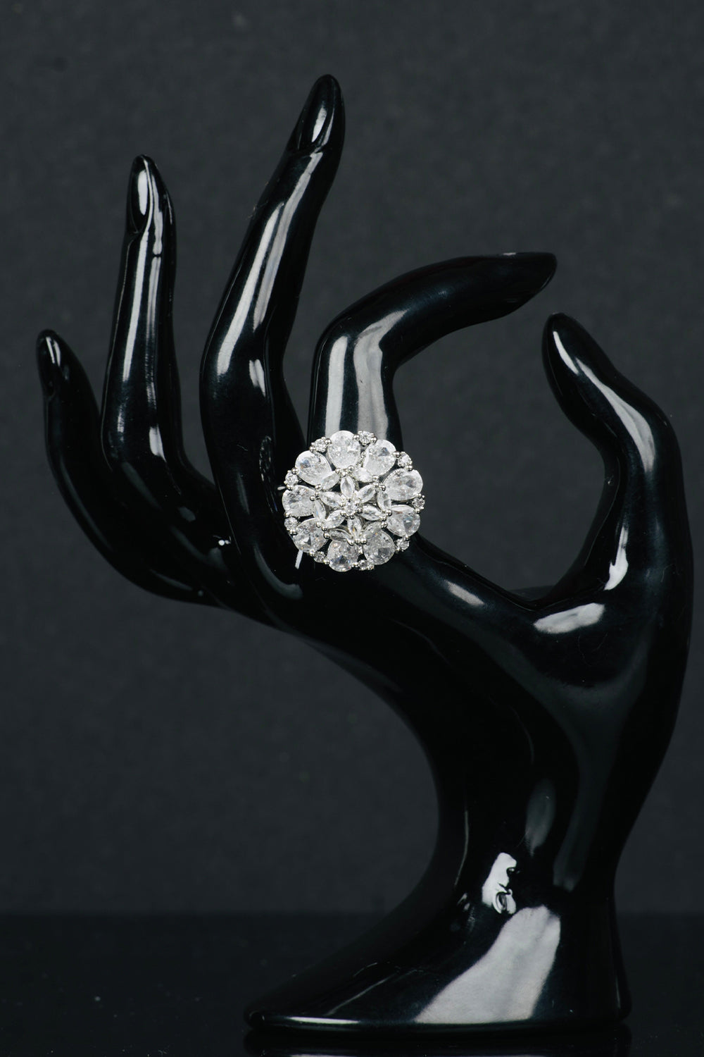 Silver-Colored American Diamond Round Shaped Multiple Stone Jewellery Ring