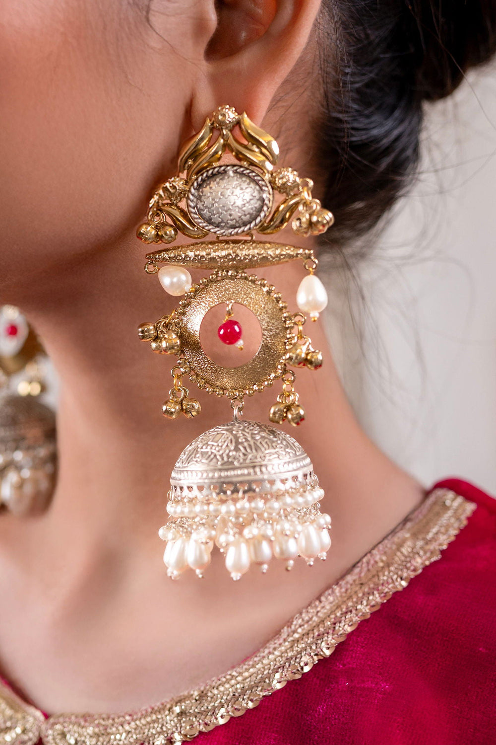 Antique Long Jhumka Jewellery in Mixed Metals with Teardrop Pearls