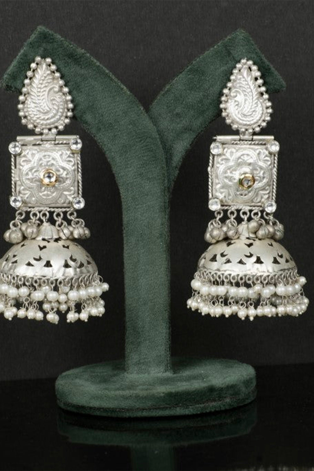 Elegant Oxidized Metal Hanging Pearls Jhumka Jewellery