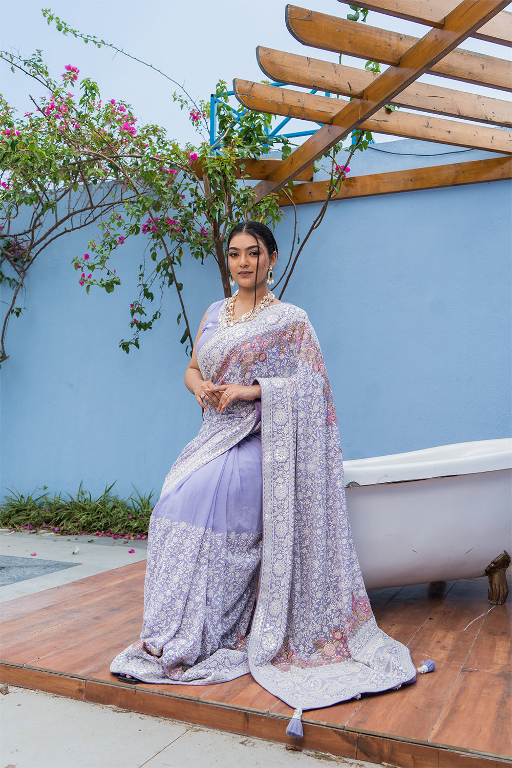 Lavender Purple Lucknowi Georgette Saree with Beautiful Tassels and Zari Work