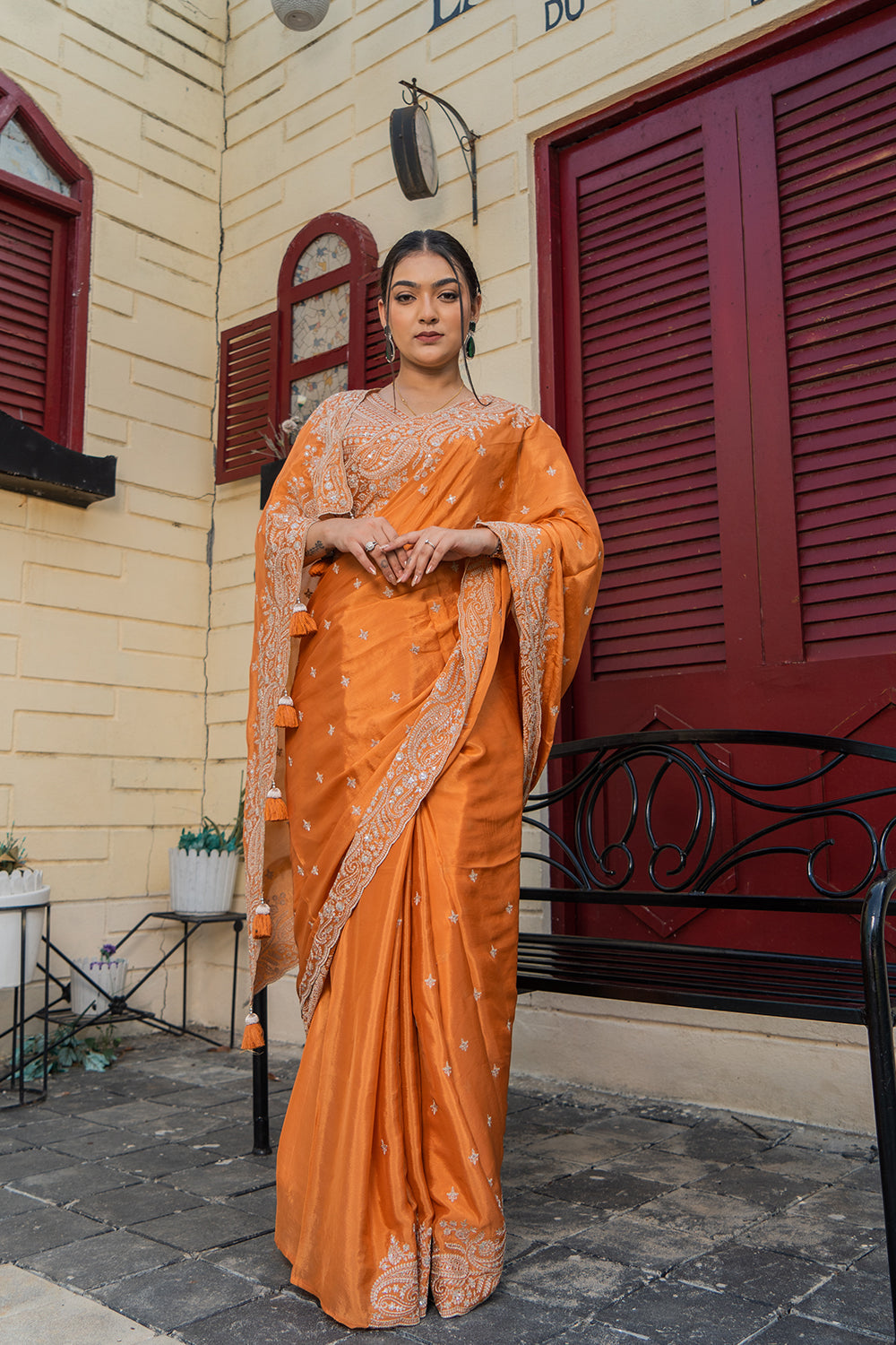 Two Blouse Concept – Rust Orange Georgette Saree with Sequin and Zari Work