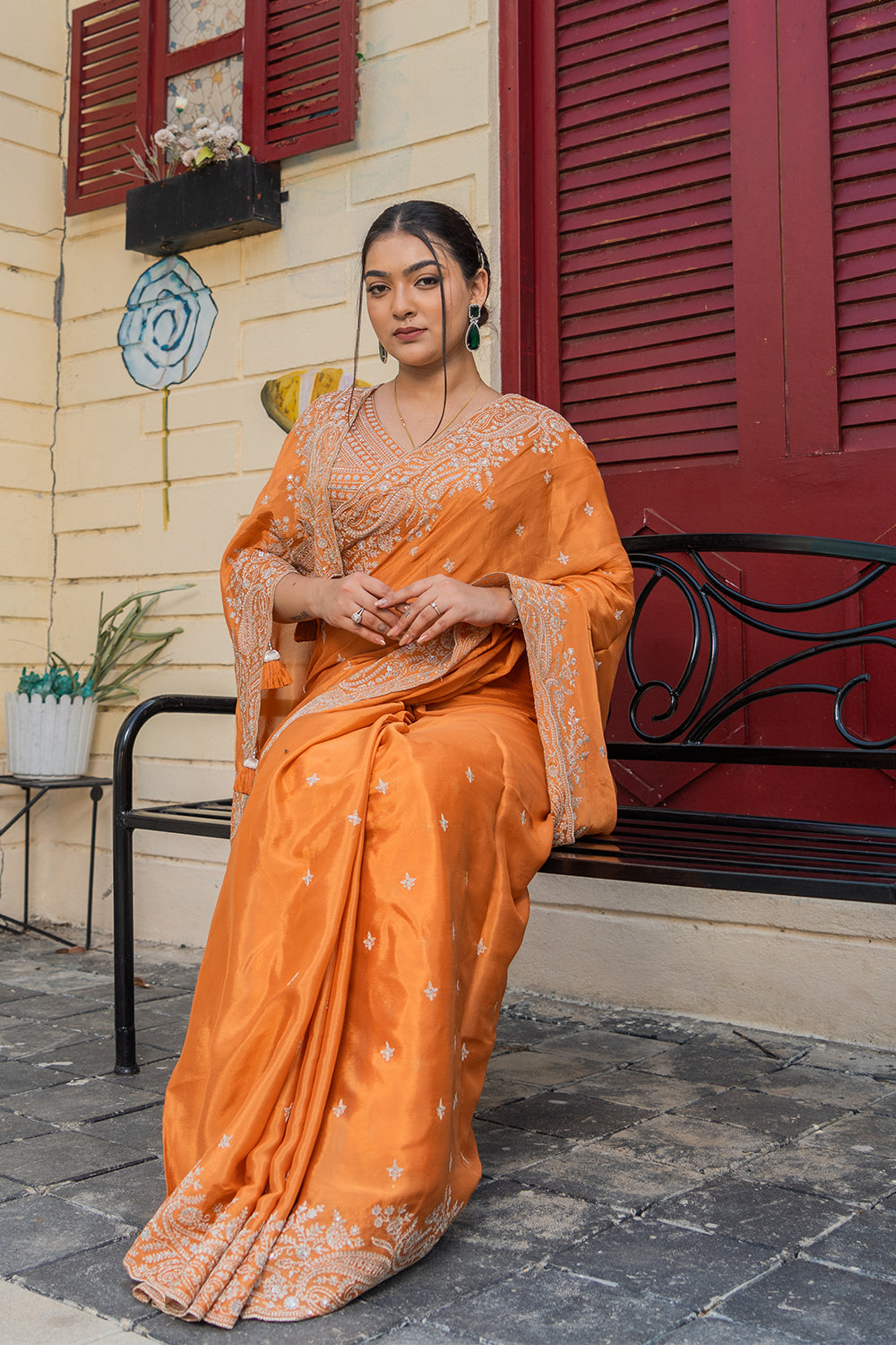 Two Blouse Concept – Rust Orange Crepe Silk Saree with Sequin and Zari Work