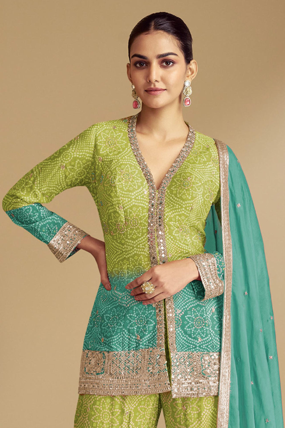 Green Bandhani Print Sharara Silk Suit with Zari Work and Matching Dupatta