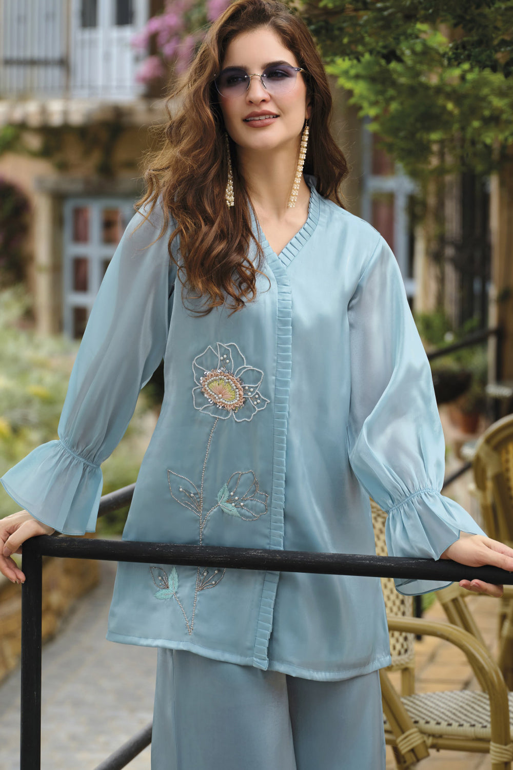 Sky Blue Handwork Viscose Silk Cord-Set Suit with Pant with Pocket