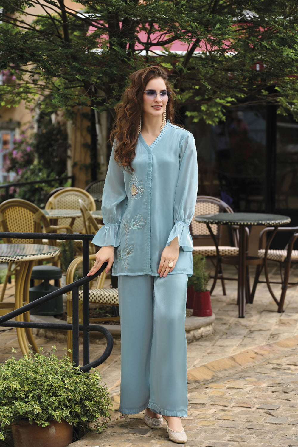 Sky Blue Handwork Viscose Silk Cord-Set Suit with Pant with Pocket