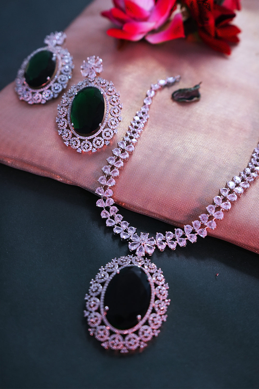 Emerald Green American Diamond Necklace with Earrings Jewellery Set