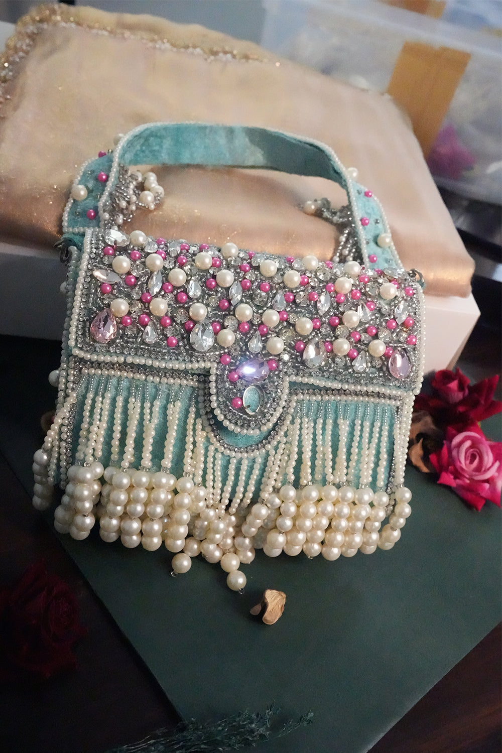 Zari Adorned Maroon Handbag with Pink Beads, Pearls, and Tassel