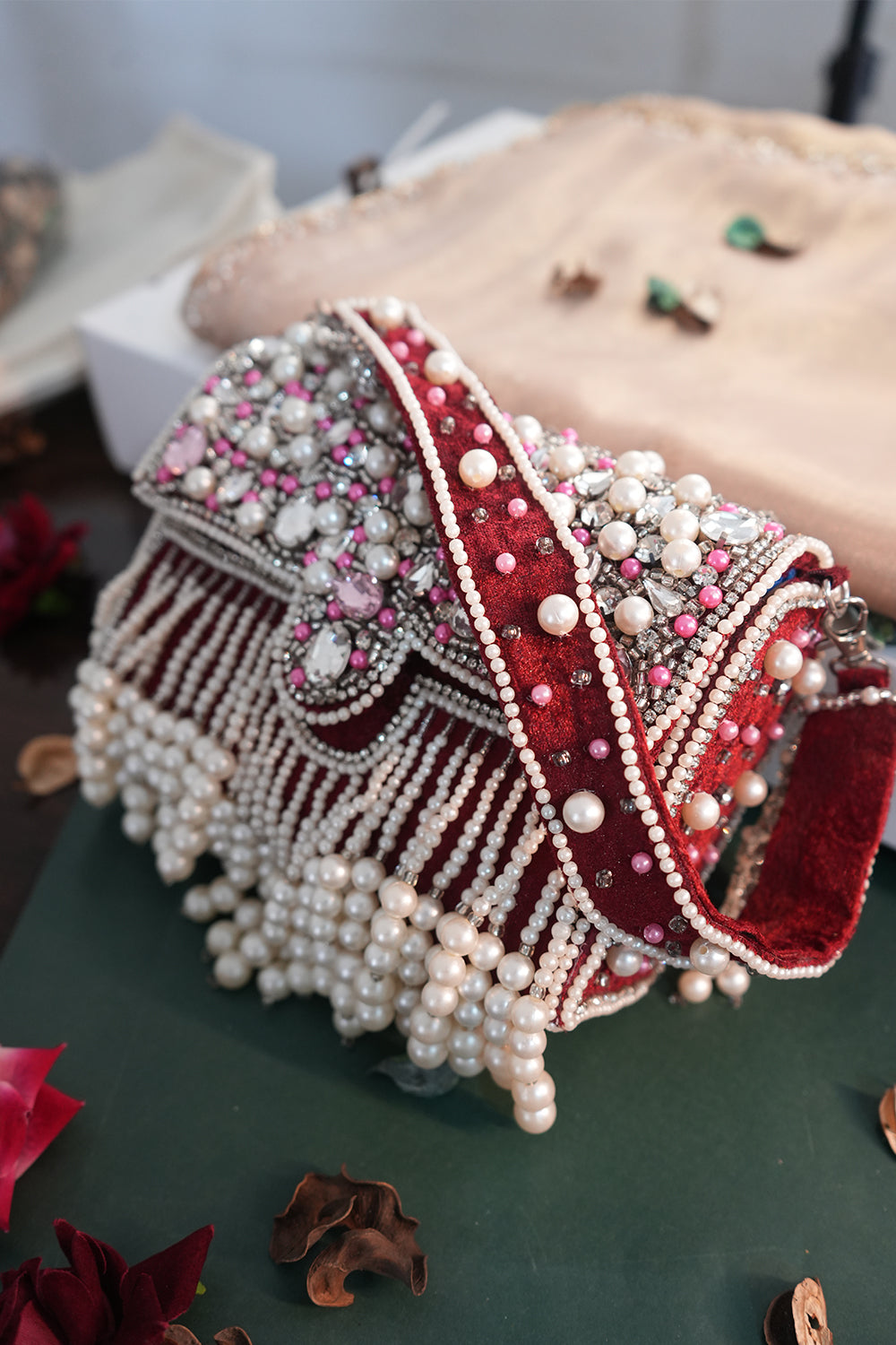 Zari Adorned Maroon Handbag with Pink Beads, Pearls, and Tassel