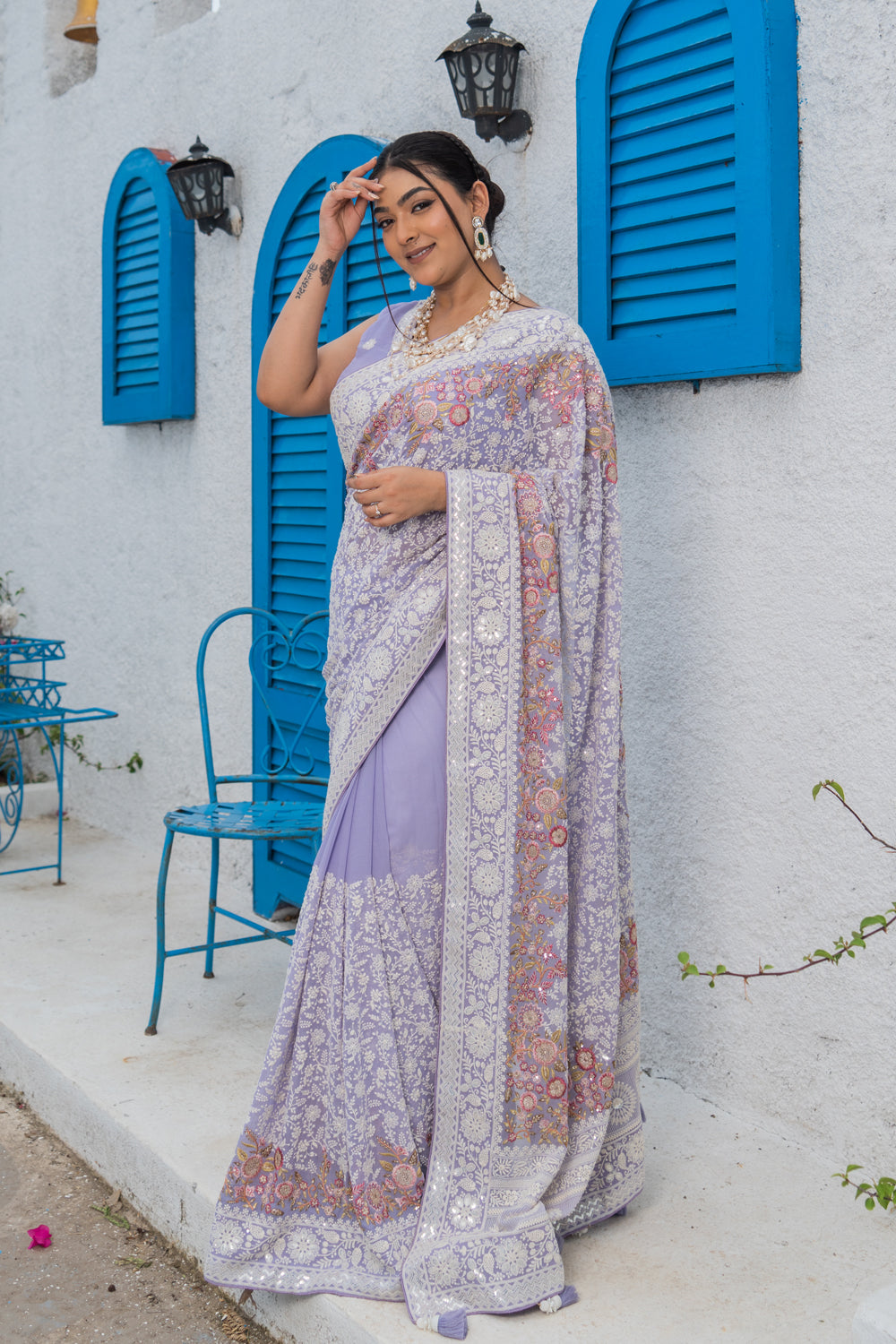 Light Yellow Lucknowi Georgette Saree with Beautiful Tassels and Zari Work